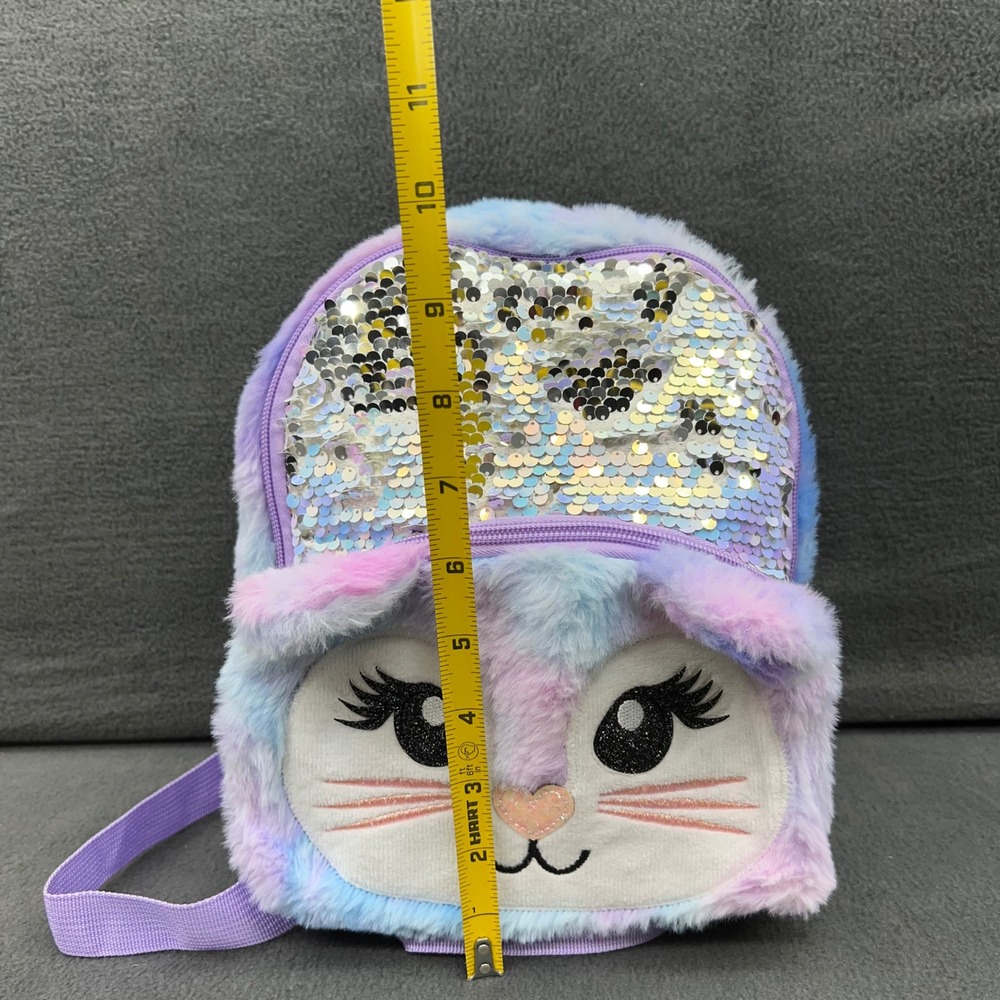 Sequin Plush Cat Mini Backpack Accessories Purple Blue Furry Girls Toddler - Picture 7 of 8